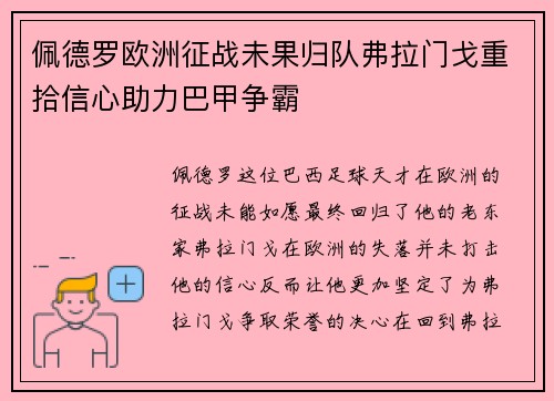 佩德罗欧洲征战未果归队弗拉门戈重拾信心助力巴甲争霸